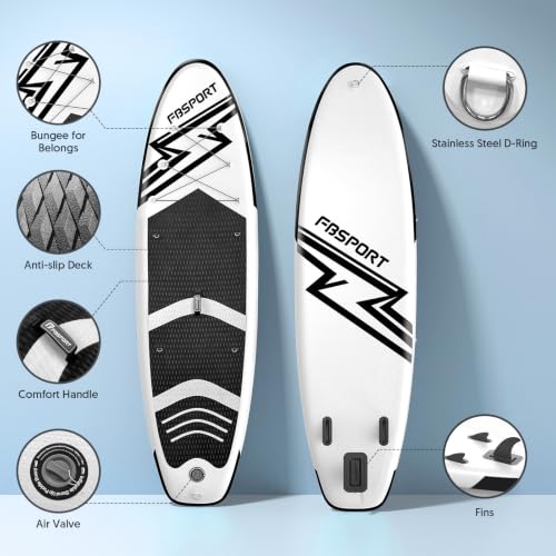 FBSPORT 11' Premium Stand Up Paddle Board, Yoga Board with SUP Accessories & Carry Bag | Wide Stance, Surf Control, Non-Slip Deck, Leash, Paddle and Pump for Youth & Adult - color: Black White
