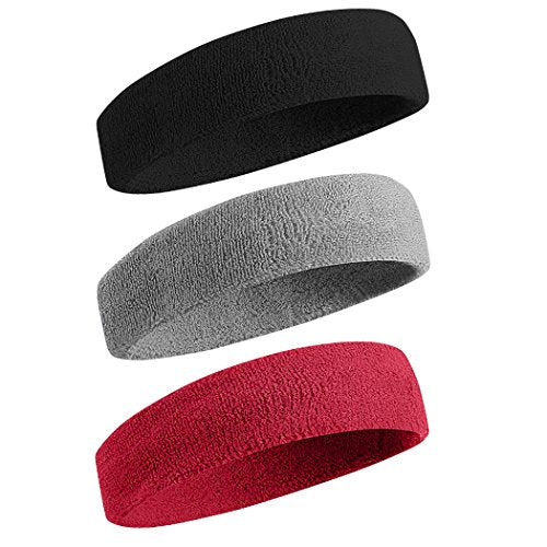 BEACE Sweatbands Sports Headband for Men & Women - Moisture Wicking Athletic Cotton Terry Cloth Sweatband for Tennis, Basketball, Running, Gym, Working Out - color: Black/Gray/Maroon
