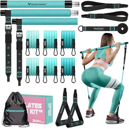Pilates Bar Kit with 6 Latex Resistance Bands, Adjustable Exercise Bar - color: Blue
