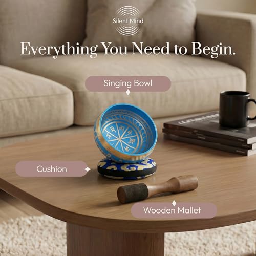 Silent Mind Tibetan Singing Bowl Set – Easy to Play & Beginner Friendly Meditation Bowl with Cushion & Mallet | Stress Relief & Mindfulness | Gift-Ready - color: Blue, size: Without Case