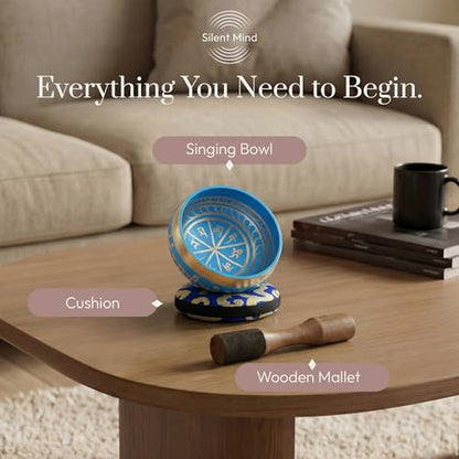 Silent Mind Tibetan Singing Bowl Set – Easy to Play & Beginner Friendly Meditation Bowl with Cushion & Mallet | Stress Relief & Mindfulness | Gift-Ready - color: Blue, size: Without Case
