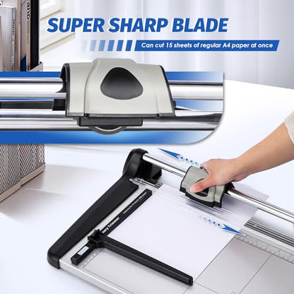 Rotary Paper Trimmer, 15 Sheets Heavy Duty Paper Trimmer, 360mm(14.17") Cutting Length, Commercial Grade Rotary Paper Cutter for Home/Office/School, Black & Silver | Sharp & Safe Blade, Effective for A4-A6 Size, Commercial Grade Rotary Paper Cutter for Ho