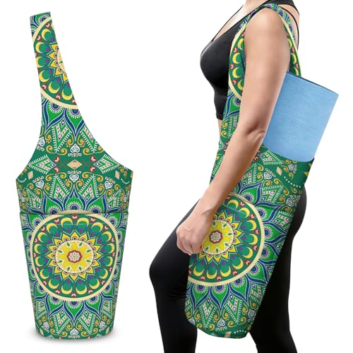 Mandala Yoga Mat Bag with Large Side Pocket and Zipper Pocket Long Tote Yoga Bags Fit Most Size Mats and Holds More Yoga Accessories - color: Green