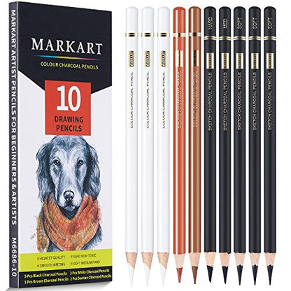 MARKART 10 Pack Professional Charcoal Pencils for Drawing | Black & White Charcoal Pencils for Sketching, Shading, Blending, Portrait, Pastel Chalk Pencils for Beginners & Artists