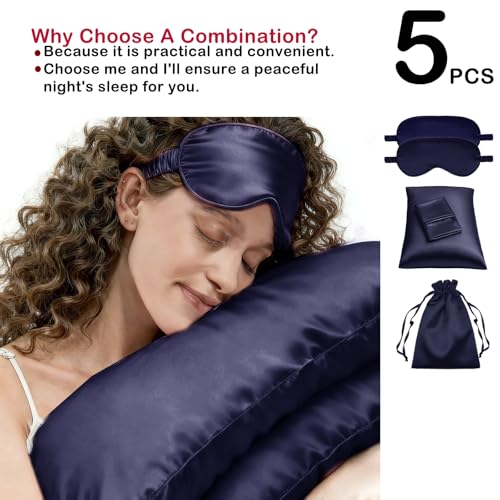 5Pcs Silky Sleep Mask Eye Masks Breathable Soft Satin Pillowcases Set for Sleeping Similar to Silk Pillowcase Travel Gift - color: Navy-queen Size