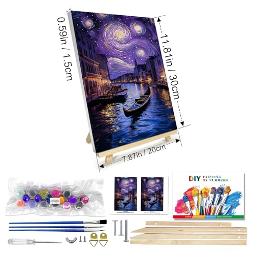 JOOZ Paint by Numbers Kit for Adults with Frame, Starry Night Paint by Numbers with Easel, DIY Town River Boat Paint by Numbers Landscape for Home Wall Decor 8 x 12 Inch - color: Starry Night