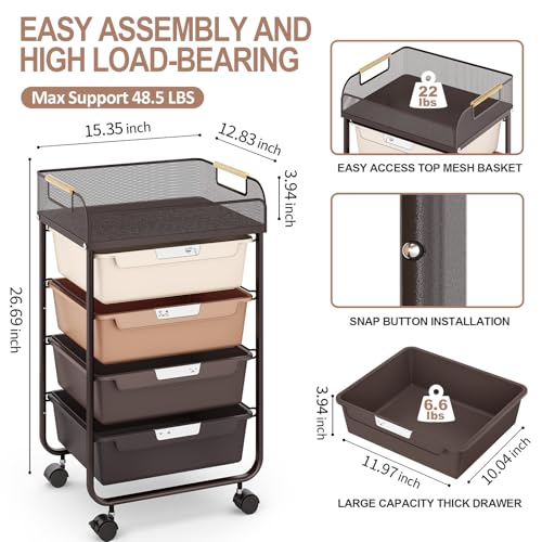 SYKIARIOL 4-Drawer Rolling Storage Cart with Mesh Top,Brown | Utility Craft Organizer Cart on Wheels with 4 DIY Labels, Rolling Drawer Cart for Home Office Classroom Bedroom - color: Gradient Brown