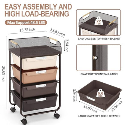 SYKIARIOL 4-Drawer Rolling Storage Cart with Mesh Top,Brown | Utility Craft Organizer Cart on Wheels with 4 DIY Labels, Rolling Drawer Cart for Home Office Classroom Bedroom - color: Gradient Brown