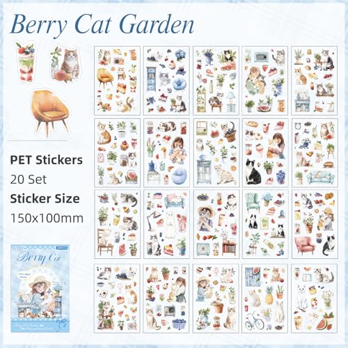 Cat Series Sticker Scrapbooking Supplies for Junk Journal, 20 Sheets PET Stickers - color: Cat Series