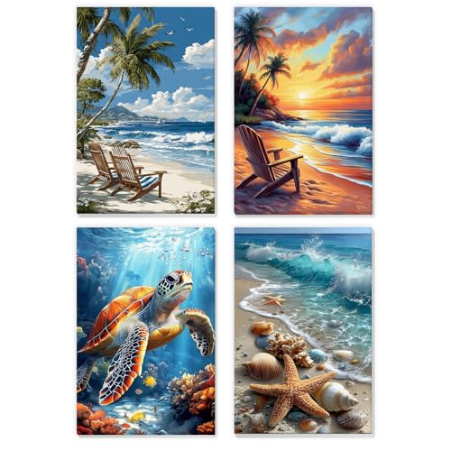 NEWENMO 4 Pack Paint by Numbers for Adults with Wooden Framed, Beach Sunset, Paint by Number Kits on Canvas for Beginner, DIY Acrylic Oil Painting Kits for Home Decor 8x12 inch, Sea Turtle - color: blue-beach