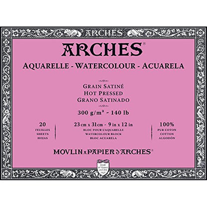 Arches Watercolor Paper Block, Hot Press, 9" x 12", 140 pound