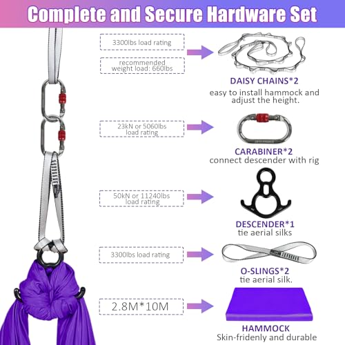 Aerial Silks Kit & Aerial Yoga Hammock - 11Yd Premium Fabric with Hardware | Easy Setup for Flying Yoga, Aerial Swing & Fitness - Supports Up to 14ft Rigging(Navy) - color: Dark Purple