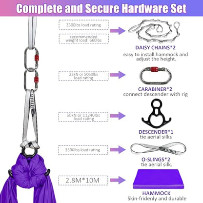 Aerial Silks Kit & Aerial Yoga Hammock - 11Yd Premium Fabric with Hardware | Easy Setup for Flying Yoga, Aerial Swing & Fitness - Supports Up to 14ft Rigging(Navy) - color: Dark Purple