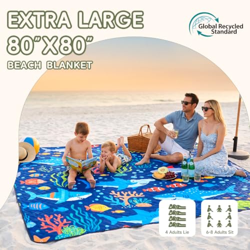 Genovega Waterproof Beach Blanket Picnic Outdoor Play Floor Mat Playmat Teen Boy Gift Trendy Stuff Teenage Age 4 5 6 7 8 9 10 11 12 13 14 15 Year Old Little Kids Young Men Son Godson Birthday - color: Ocean Shark