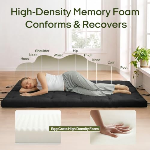 Syrinx Water Resistant Japanese Floor Mattress Futon, Full Size 75"x54" | 4 Inch Thick Foldable Tatami Mat Sleeping Pad for Dormitory Guest Room Camping - color: Black, size: Full(75"L x 54"W x 4"Th)