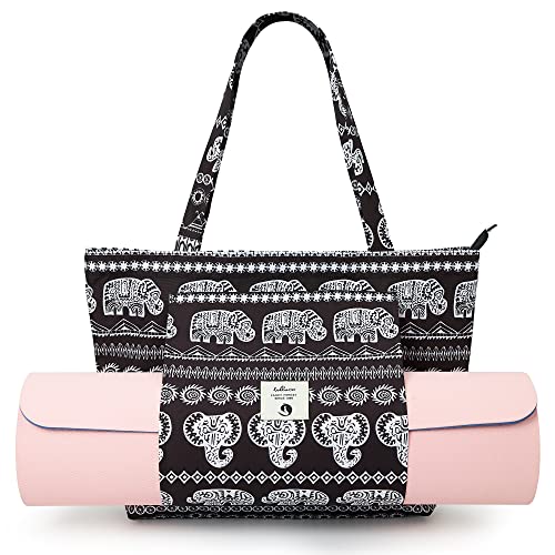 WLLWOO Yoga Mat Carrier Bag for Women Canvas Carryall Tote Gym Pilates | Large Holder Zipper Shoulder for Beach Travel Workout Fitness Office - color: elephantle