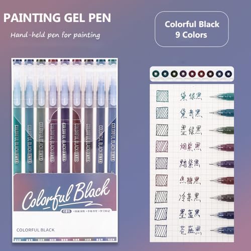 Gel Pens with 0.6mm Fine Point, 9 Colors Acrylic Drawing Gel Pen | Smooth Writing Pen Set for Journaling, Colorful Black, Drawing Pencils for Adult Coloring Books - color: Colorful Black