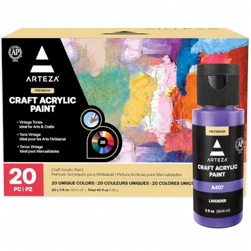 ARTEZA Craft Acrylic Paint, Set of 20 Vintage Tones, 2.02-oz/60 ml Bottles, Water-Based, Matte Finish, Matte Acrylic Paint Set for Art & DIY Outdoor Projects on Glass, Wood, Ceramics, Fabrics, Paper & Canvas - style: Vintage Colors