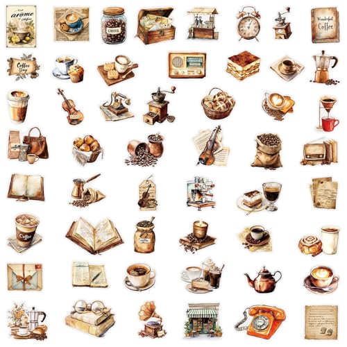 50Pcs Vintage Stickers,Waterproof Transparent PET Aesthetic Decorative Sticker Scrapbooking Supplies for Adult Card Making Letters Planner Journaling Junk Journal DIY Water Bottles Art Craft.Coffee - color: Coffee