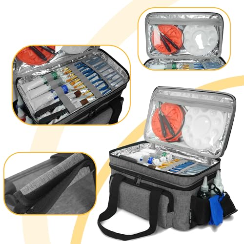 Acrylic Paint Organizer Bag, Holds 54 (2 oz) Bottles | Art Supply Storage Case with Handle and Shoulder Strap, Durable Fabric, Brush Pocket, Palette Board, Grey