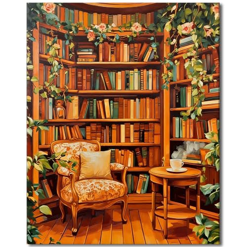 TUMOVO DIY Paint by Numbers Kit for Adults, Bookshelf Plants Decor | Cozy Home Office Decor, Adult Paint by Number Kits, Unframed Art Canvas, Easy Relaxing Craft Hobby, 16x20 Inches. - color: Bookshelf