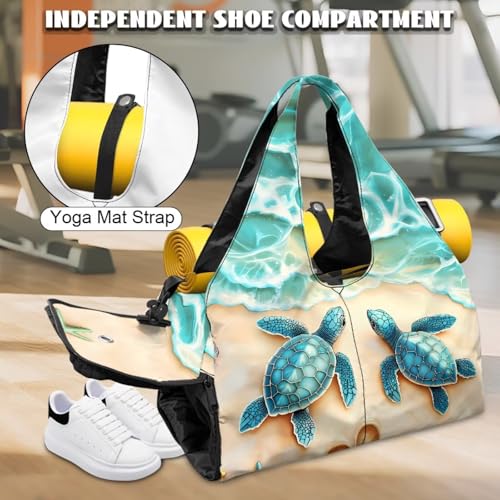 Gym Bag with Yoga Mat Holder Large Tote Bag With Multi Pockets for Women Men Dry Wet Separated Pocket Carryall Yoga Tote Bag for Pilates Travel Workout Office - color: Cute Sea Turtle
