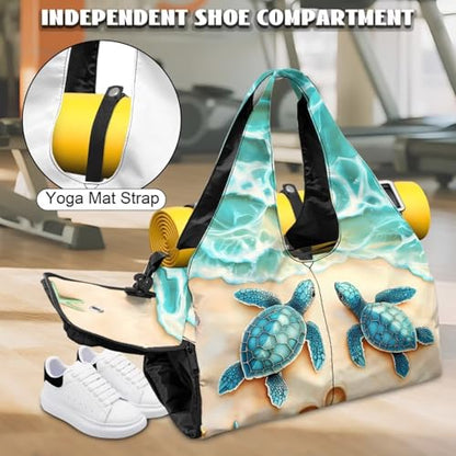 Gym Bag with Yoga Mat Holder Large Tote Bag With Multi Pockets for Women Men Dry Wet Separated Pocket Carryall Yoga Tote Bag for Pilates Travel Workout Office - color: Cute Sea Turtle