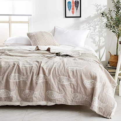 MEJU Fish Gray Muslin Lightweight Summer Blanket for Bed Sofa Couch 100% Combed Cotton 3 Layer Soft Warm Quick Dry Throw Blanket Bedspread Bed Coverlet Sheet Full Queen 80 in X 90 in - color: Fish Gray, size: F/Q 80 in x 90 in
