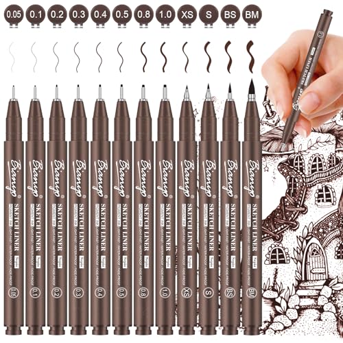 Bianyo Sepia Tone Drawing Pen Set, 12 Assorted Sizes Sketch Liner, Water-Resistant Archival and Pigment Ink Art Pens, Precision Drawing and Sketching Kit - color: Sepia, 12pcs