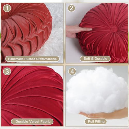 HIG Set of 2 Red Velvet Decorative Round Pleated Throw Pillows - color: Red