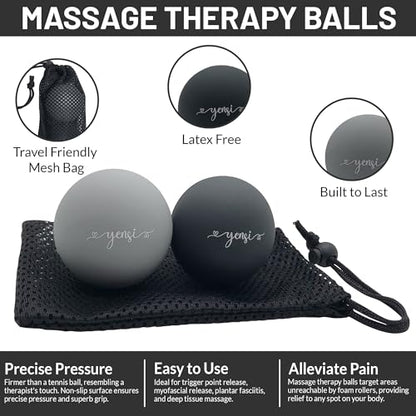 YENSI Silicone Massage Lacrosse Balls for Trigger Point Therapy, Myofascial Release, and Deep Tissue Massage. Set of 2 Balls with Carrying Bag. Latex-Free. Ideal for Feet and Targeted Muscle Relief - color: Slate Grey