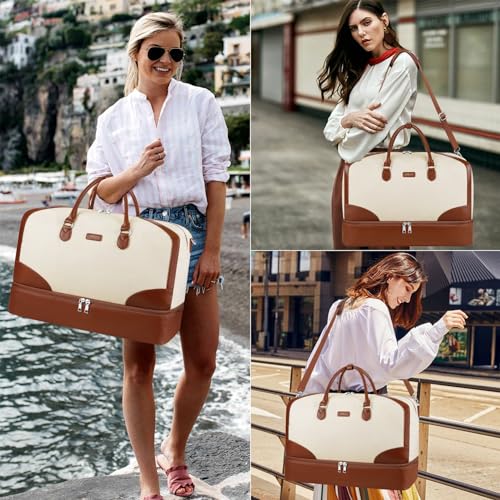 ITIEZY Weekender Bag for Women 21.5" Travel Duffel Large Carry On Bag 3PCS | Nylon Duffel Bag with Waterproof Shoe Compartment, Crossbody Bag and Toiletry Bag, Travel Weekend Hospital Overnight Gym Bag - color: 9-Beige