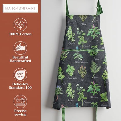 Maison d' Hermine Aprons for women with Pocket 100% Cotton (27.50"x31.50") | Adjustable Neck Strap & long ties Apron Men Chef Wedding Cooking Gardening Server Maid - color: 008 - Fresh Herbs