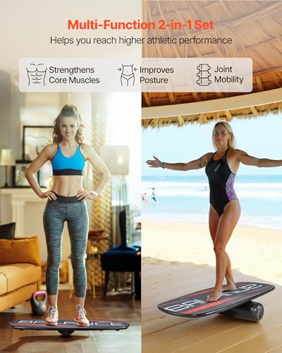 VEVOR Balance Board, 2-in-1 Wobble Board Trainer for Adults, Premium Wooden Balance Training Equipment, with Roller, Magnetic Stoppers, Storage Rack, for Core Workouts, Surf Trainer & Physical Therapy - size: 32 inch