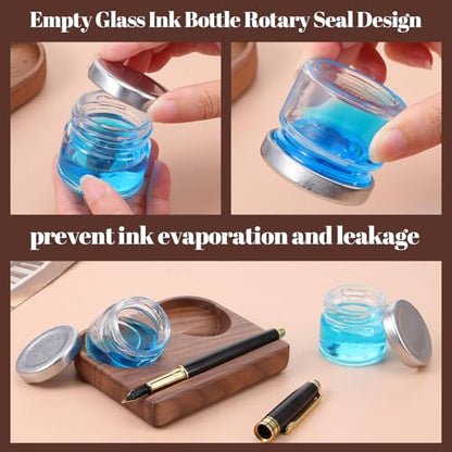 Wooden Tilting Inkwell with Two Glass Bottles, Kakimori Dip Pen Holder & Fountain Pen Stand Set for Calligraphy Writing Desk Organization (4.25"x3.86")