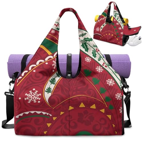 Yoga Gym Bag with Removable Adjustable Shoulder Strap, Shoe Compartment & Top Yoga Mat Holder 17.72x8.66x9.84in - color: Christmas Polynesian Print