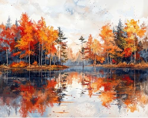 koemhxb Landscape Paint by Numbers Kit for Adults, Autumn Tree Lake Theme, Acrylic Painting on Canvas, DIY Art Set for Beginners, Home Wall Decor Gift 16x20 Inch - color: Autumn Tree Lake Reflection