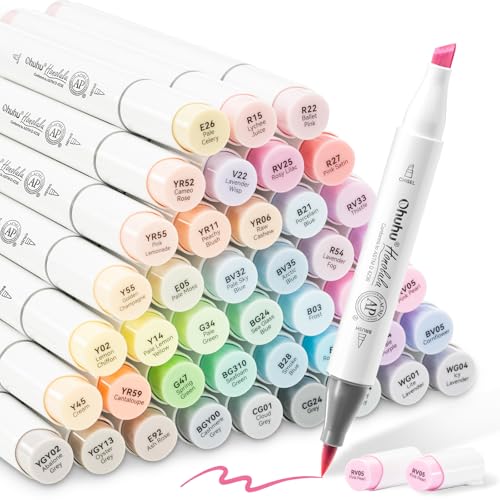 Ohuhu Pastel Alcohol Brush Markers- 48 Colors of Honolulu Sweetness - AP Certificated -Alcohol Based Double Tipped Art Marker Set for Artist Adults Coloring Illustration- Brush & Chisel - Refillable | AP Certified Refillable Art Marker, Dual Tips Alcohol-