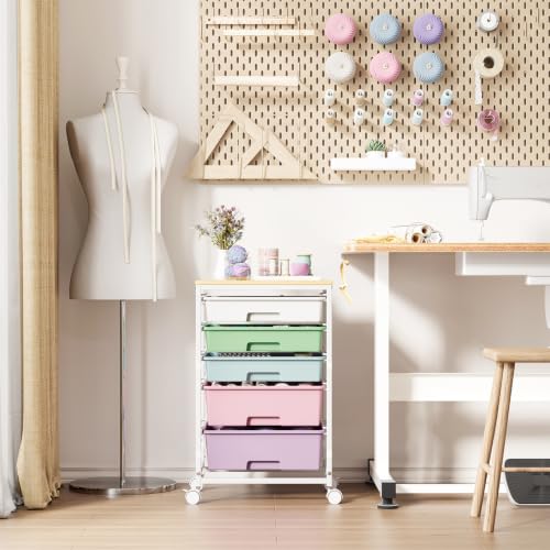 SYKIARIOL 5-Tier Rolling Cart with Drawers with Wooden Top, Ice Cream | Mobile Craft Storage Drawer Cart Trolley for Home Office, Classroom, Craft Room & Kid Room - color: Ice Cream