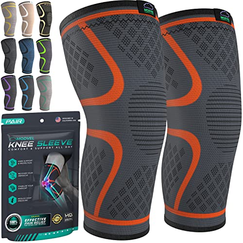 Modvel Compression Knee Brace for Women & Men - 2 Pack Knee Brace for Women Running Knee Pain, Knee Support Compression Sleeve, Workout Sports Knee Braces for Meniscus Tear ACL & Arthritis Pain Relief - color: A Orange, size: Medium