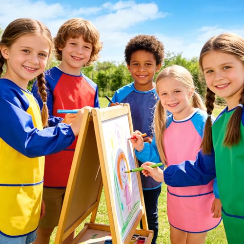 2 Pack Kids Art Smock Waterproof with Long Sleeve and 3 Roomy Pockets Artist Children Aprons for Toddlers Age 3-8 Painting Crafts（Yellow+Blue） - color: 2 Pack Yellow+blue