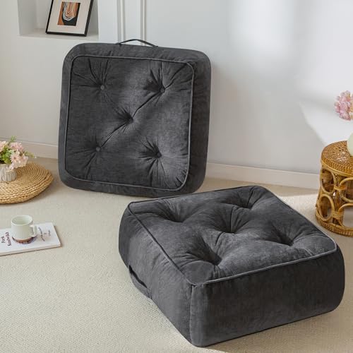 8" Extra Thick Floor Pillow Cushion for Adults, Meditation Cushion Pillow with Handle, Lustrous Chenille Tufted, Square Floor Sitting for Tatami Living Room or Yoga, 22x22 Inch, 2Pack, Dark Grey - color: Square Dark Grey, size: 8" Thick(Pack of 2)
