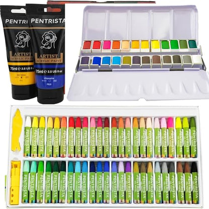12 * 75ml Heavy Body Acrylic Paints+48 Oil Pastels+24 Colors Solid Watercolor Paint Set, Art Pigment Kit Perfect for Artists and Art Lovers Ideal Gift for Professionals and Students