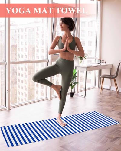 Navy Blue Stripe Yoga Towel for Hot Yoga Non Slip, Modern White Vertical Striped Geometric Yoga Mat Towel Absorbent Yoga Sweat Towels Microfiber Hot Yoga Blanket for Bikram Pilates Fitness 26"x70" - color: Darkblue, size: 26x70in