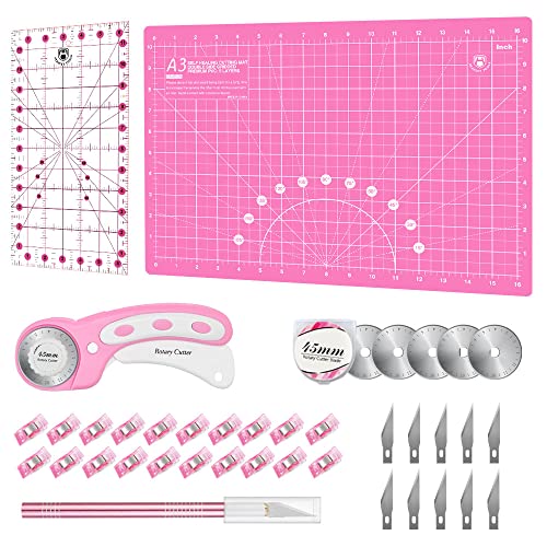 Rotary Cutter Set - 45mm Fabric Cutter, 5 Replacement Rotary Blades, A3 Cutting Mat, Quilting Ruler and Sewing Clips, Craft Knife Set, Ideal for Crafting, Sewing, Patchworking, Pink - color: Pink, size: A3 Rotary Cutter Set