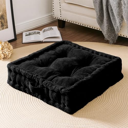 Wellsin Square Floor Pillows for Adults Kids - Meditation Floor Pillow Seating Cushion - Tufted Floor Cushion with Shredded Foam & Velvet Cover, 1 Pack, 20x20 Inch, Black - color: Black, size: 1 Pack (20"x20")