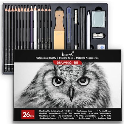 Brusarth Charcoal Pencils for Drawing, Graphite Pencils (10B-2H), 26 Pcs | Drawing Sketching Pencil Set for Sketching, Shading, Blending, Artist Pencils for Beginners & Pro Artists