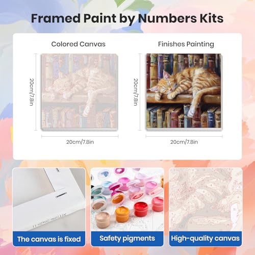 HEIBAGO 4 Pack Framed Paint by Numbers Kit for Adults Beginner, Adult Paint by Number Kits Sleeping Cat, DIY Paint by Numbers for Adults,Small Easy Acrylic Oil Painting for Wall Decor 8 x 8 Inch - color: Sleeping Cat