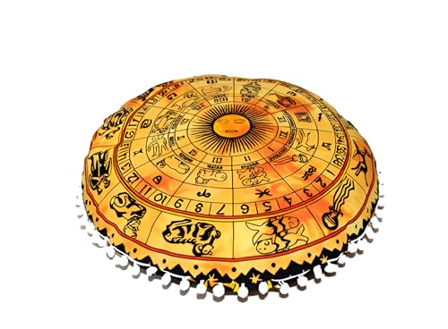CRAFT KALA Boho Large Floor Pillow Pouf Cover Mandala Meditation Room Pillow Cover for Adults Round Bohemian Seating Pouf Cushion Cover for Kids Playroom 22" Yellow Zodiac - color: Yellow, size: 22" x 22" (Pack of 1)