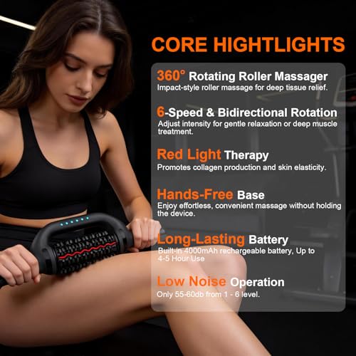 Electric Rolling Massager with Redlight, Handheld Percussive Roller Massger | Hands-Free Base Muscle Recovery and Back Massage Roller, Rechargeable 6-Speed Foot Massage Roller for belly Legs Calf Foot - color: Black